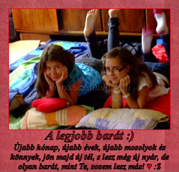 A legjobb barát :) A legjobb barát :)
Újabb hónap, újabb évek, újabb mosolyok és könnyek, jön majd új tél, s lesz még új nyár, de olyan barát, mint Te, sosem lesz más! ♥ :$
