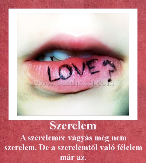 Szerelem Szerelem
A szerelemre vágyás még nem szerelem. De a szerelemtől való félelem már az.