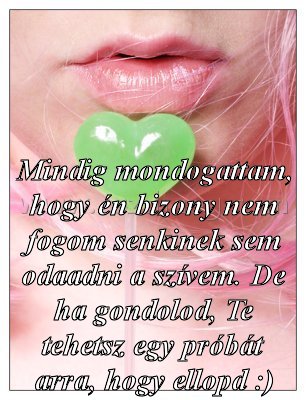Mindig mondogattam Mindig mondogattam
Mindig mondogattam, hogy én bizony nem fogom senkinek sem odaadni a szívem. De ha gondolod, Te tehetsz egy próbát arra, hogy ellopd :)