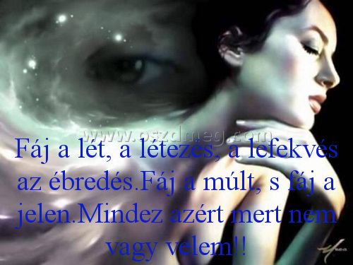 Fáj a lét Fáj a lét
Fáj a lét, a létezés, a lefekvés az ébredés.Fáj a múlt, s fáj a jelen.Mindez azért mert nem vagy velem!!