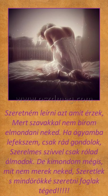 Szeretném leírni azt amit érzek Szeretném leírni azt amit érzek
Szeretném leírni azt amit érzek, Mert szavakkal nem bírom elmondani neked. Ha ágyamba lefekszem, csak rád gondolok, Szerelmes szívvel csak rólad álmodok. De kimondom mégis, mit nem merek neked, Szeretlek s mindörökké szeretni foglak téged!!!!!