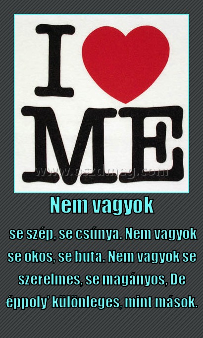 Nem vagyok Nem vagyok
se szép, se csúnya. Nem vagyok se okos, se buta. Nem vagyok se szerelmes, se magányos, De éppoly’ különleges, mint mások.