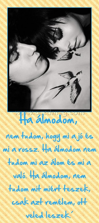 Ha álmodom, Ha álmodom,
nem tudom, hogy mi a jó és mi a rossz. Ha álmodom nem tudom mi az álom és mi a való. Ha álmodom, nem tudom mit miért teszek, csak azt remélem, ott veled leszek.´