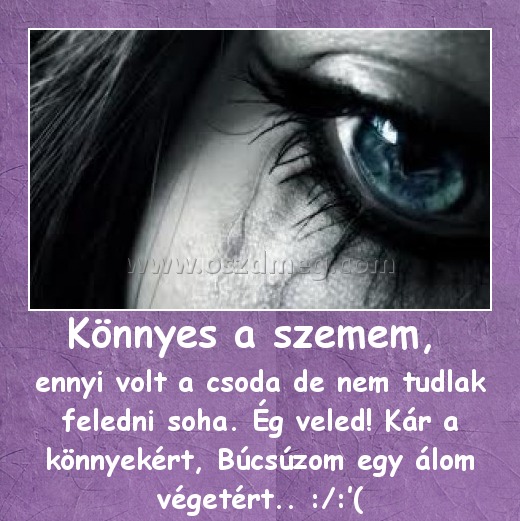 Könnyes a szemem, Könnyes a szemem,
ennyi volt a csoda de nem tudlak feledni soha. Ég veled! Kár a könnyekért, Búcsúzom egy álom végetért.. :/:’(