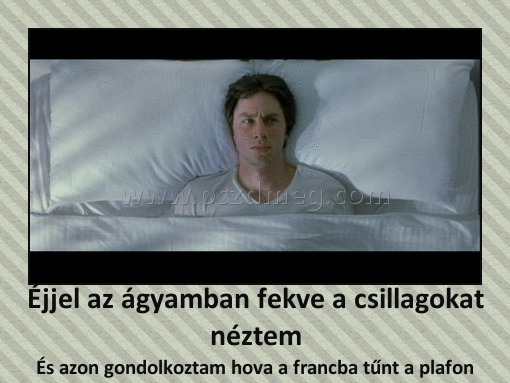 Éjjel az ágyamban fekve a csillagokat néztem Éjjel az ágyamban fekve a csillagokat néztem
És azon gondolkoztam hova a francba tűnt a plafon