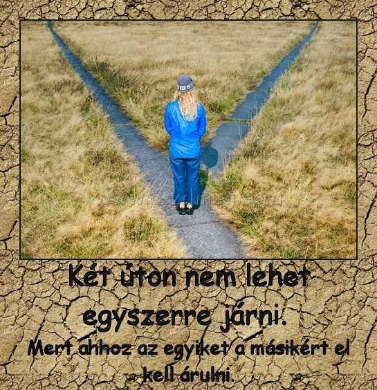 Két úton nem lehet egyszerre járni. Két úton nem lehet egyszerre járni.
Mert ahhoz az egyiket a másikért el kell árulni.