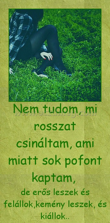 Nem tudom, mi rosszat csináltam Nem tudom, mi rosszat csináltam
de erős leszek és felállok,kemény leszek, és kiállok..