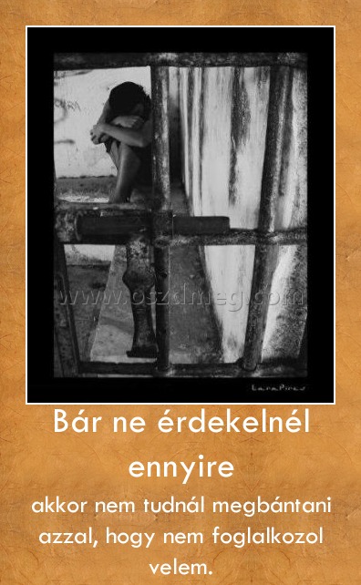 Bár ne érdekelnél ennyire Bár ne érdekelnél ennyire
akkor nem tudnál megbántani azzal, hogy nem foglalkozol velem.