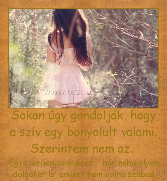 Sokan úgy gondolják, hogy a szív egy bonyolult valami. Szerintem nem az. Sokan úgy gondolják, hogy a szív egy bonyolult valami. Szerintem nem az.
Egyszerűen csak érez ...bár néha olyan dolgokat is, amiket nem volna szabad