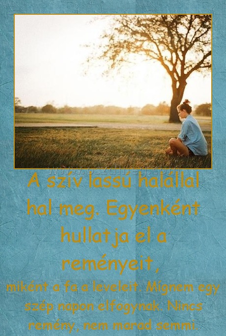 A szív lassú halállal hal meg. Egyenként hullatja el a reményeit, A szív lassú halállal hal meg. Egyenként hullatja el a reményeit,
miként a fa a leveleit. Mígnem egy szép napon elfogynak. Nincs remény, nem marad semmi.