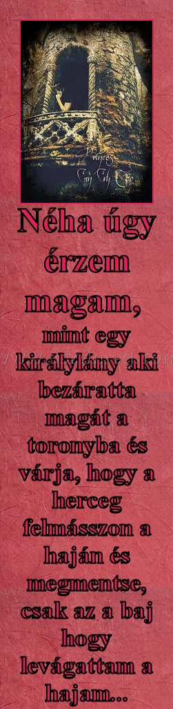 Néha úgy érzem magam, Néha úgy érzem magam,
mint egy királylány aki bezáratta magát a toronyba és várja, hogy a herceg felmásszon a haján és megmentse, csak az a baj hogy levágattam a hajam...