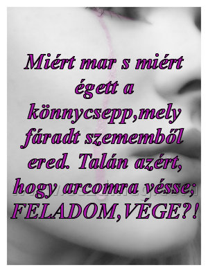 Miért mar s miért Miért mar s miért
Miért mar s miért égett a könnycsepp,mely fáradt szememből ered. Talán azért, hogy arcomra vésse; FELADOM,VÉGE?!