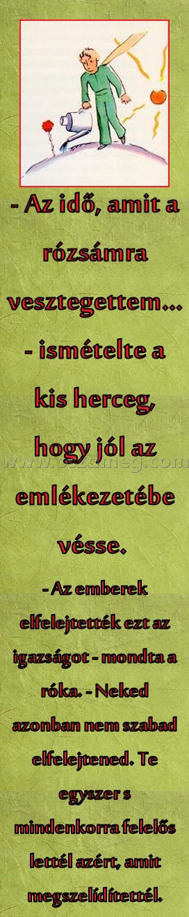 Az idő Az idő
- Az emberek elfelejtették ezt az igazságot - mondta a róka. - Neked azonban nem szabad elfelejtened. Te egyszer s mindenkorra felelős lettél azért, amit megszelídítettél.
