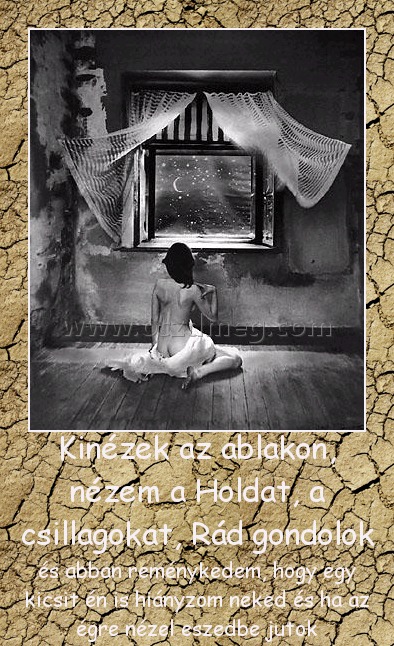 Kinézek az ablakon, nézem a Holdat, a csillagokat, Rád gondolok Kinézek az ablakon, nézem a Holdat, a csillagokat, Rád gondolok
és abban reménykedem, hogy egy kicsit én is hiányzom neked és ha az égre nézel eszedbe jutok