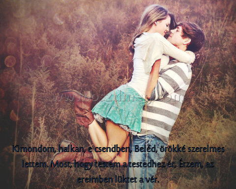 Kimondom Kimondom
Kimondom, halkan, e csendben, Beléd, örökké szerelmes lettem. Most, hogy testem a testedhez ér, Érzem, az ereimben lüktet a vér.