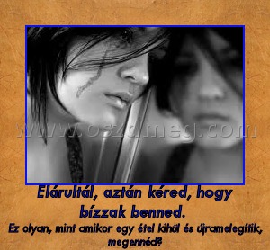 Elárultál, aztán kéred, hogy bízzak benned. Elárultál, aztán kéred, hogy bízzak benned.
Ez olyan, mint amikor egy étel kihül és újramelegítik, megennéd?