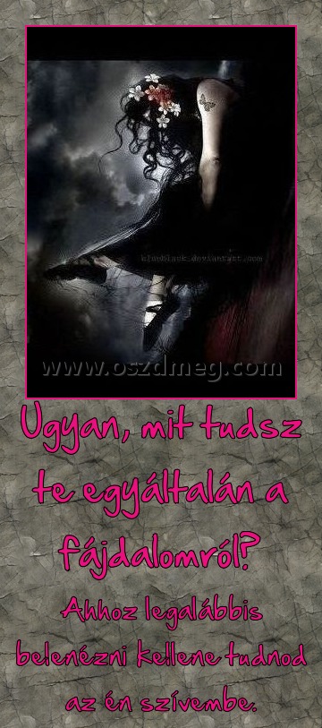 Ugyan, mit tudsz te egyáltalán a fájdalomról? Ugyan, mit tudsz te egyáltalán a fájdalomról?
Ahhoz legalábbis belenézni kellene tudnod az én szívembe.