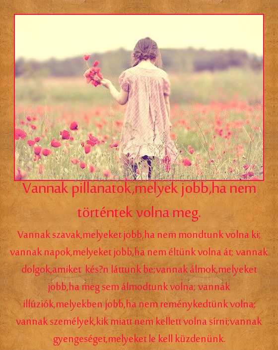 Vannak pillanatok,melyek jobb,ha nem történtek volna meg. Vannak pillanatok,melyek jobb,ha nem történtek volna meg.
Vannak szavak,melyeket jobb,ha nem mondtunk volna ki; vannak napok,melyeket jobb,ha nem éltünk volna át; vannak dolgok,amiket későn láttunk be;vannak álmok,melyeket jobb,ha meg sem álmodtunk volna; vannak illúziók,melyekben jobb,ha nem reménykedtünk volna; vannak személyek,kik miatt nem kellett volna sírni;vannak gyengeséget,melyeket le kell küzdenünk.