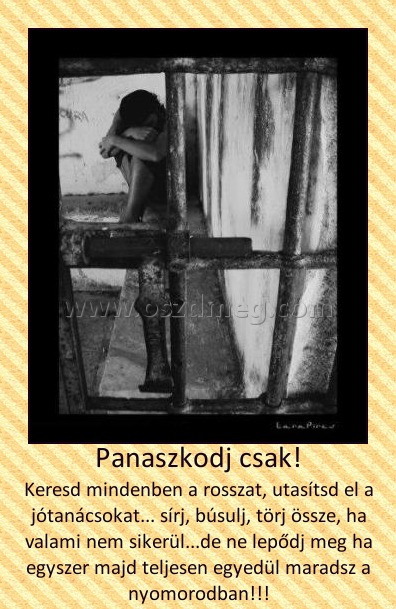 Panaszkodj csak! Panaszkodj csak!
Keresd mindenben a rosszat, utasítsd el a jótanácsokat... sírj, búsulj, törj össze, ha valami nem sikerül...de ne lepődj meg ha egyszer majd teljesen egyedül maradsz a nyomorodban!!!