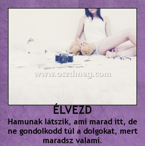 ÉLVEZD ÉLVEZD
Hamunak látszik, ami marad itt, de ne gondolkodd túl a dolgokat, mert maradsz valami.