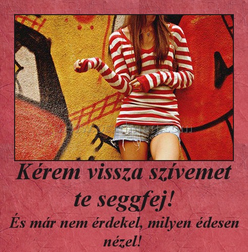 Kérem vissza szívemet te seggfej! Kérem vissza szívemet te seggfej!
És már nem érdekel, milyen édesen nézel!