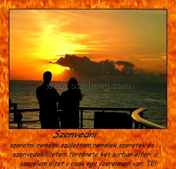Szenvedni Szenvedni
szeretni,remélni születtem,remélek,szeretek és szenvedek!Életem története két sorban elfér: a szerelem éltet,s csak egy szerelmem van: TE!