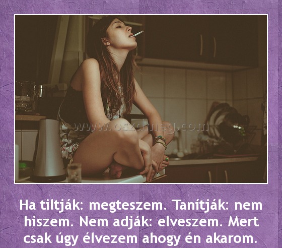Ha tiltják: megteszem Ha tiltják: megteszem
Ha tiltják: megteszem. Tanítják: nem hiszem. Nem adják: elveszem. Mert csak úgy élvezem ahogy én akarom.