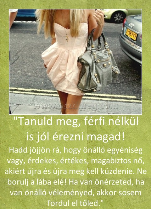 "Tanuld meg, férfi nélkül is jól érezni magad! "Tanuld meg, férfi nélkül is jól érezni magad!
Hadd jöjjön rá, hogy önálló egyéniség vagy, érdekes, értékes, magabiztos nő, akiért újra és újra meg kell küzdenie. Ne borulj a lába elé! Ha van önérzeted, ha van önálló véleményed, akkor sosem fordul el tőled.