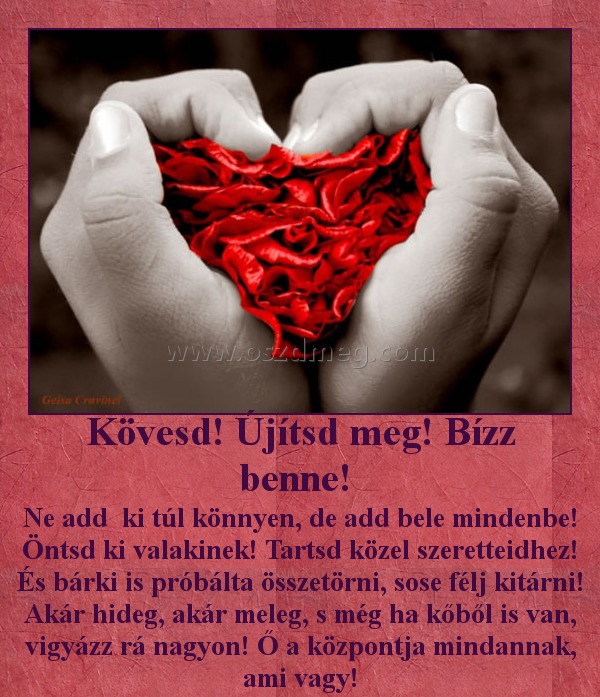Kövesd! Újítsd meg! Bízz benne! Kövesd! Újítsd meg! Bízz benne!
Ne add ki túl könnyen, de add bele mindenbe! Öntsd ki valakinek! Tartsd közel szeretteidhez! És bárki is próbálta összetörni, sose félj kitárni! Akár hideg, akár meleg, s még ha kőből is van, vigyázz rá nagyon! Ő a központja mindannak, ami vagy!