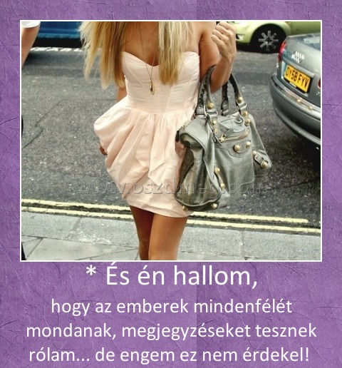 * És én hallom, * És én hallom,
hogy az emberek mindenfélét mondanak, megjegyzéseket tesznek rólam... de engem ez nem érdekel!