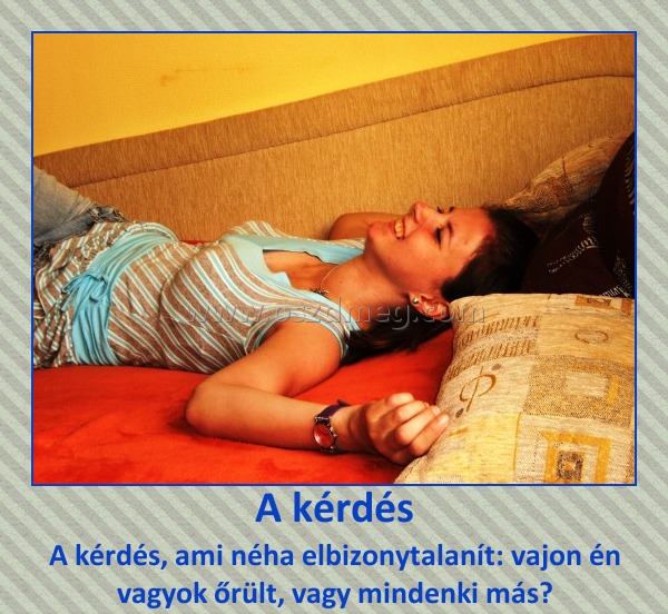 A kérdés A kérdés
A kérdés, ami néha elbizonytalanít: vajon én vagyok őrült, vagy mindenki más?