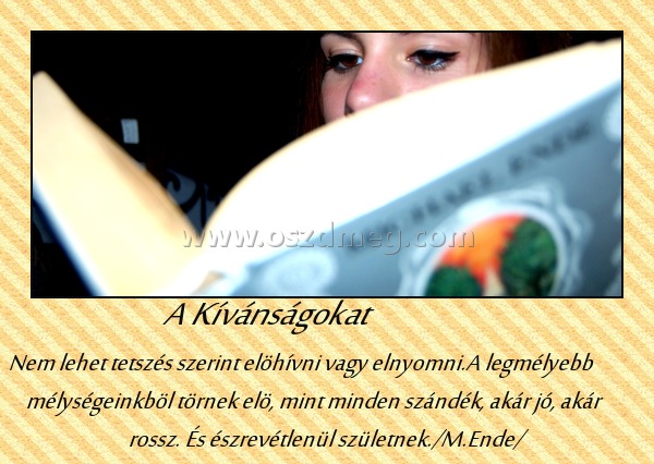 A Kívánságokat
 
Nem lehet tetszés szerint elöhívni vagy elnyomni.A legmélyebb mélységeinkböl törnek elö, mint minden szándék, akár jó, akár rossz. És észrevétlenül születnek./M.Ende/