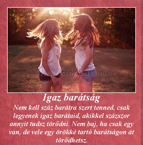 Igaz barátság
 
Nem kell száz barátra szert tenned, csak legyenek igaz barátaid, akikkel százszor annyit tudsz törődni. Nem baj, ha csak egy van, de vele egy örökké tartó barátságon át törődhetsz.