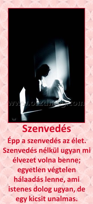 Szenvedés
 
Épp a szenvedés az élet. Szenvedés nélkül ugyan mi élvezet volna benne; egyetlen végtelen hálaadás lenne, ami istenes dolog ugyan, de egy kicsit unalmas.