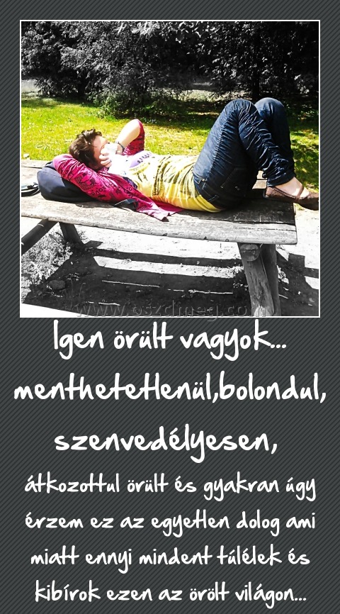 Igen örült vagyok... menthetetlenül,bolondul, szenvedélyesen, Igen örült vagyok... menthetetlenül,bolondul, szenvedélyesen,
átkozottul örült és gyakran úgy érzem ez az egyetlen dolog ami miatt ennyi mindent túlélek és kibírok ezen az örölt világon...