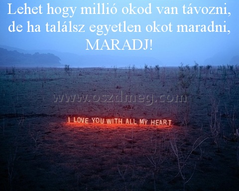 Lehet hogy millió okod Lehet hogy millió okod
Lehet hogy millió okod van távozni, de ha találsz egyetlen okot maradni, MARADJ!