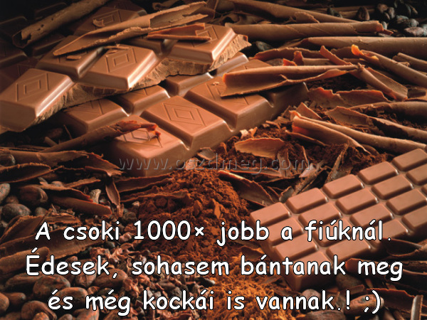 A csoki 1000× jobb A csoki 1000× jobb
A csoki 1000× jobb a fiúknál. Édesek, sohasem bántanak meg és még kockái is vannak.! ;)