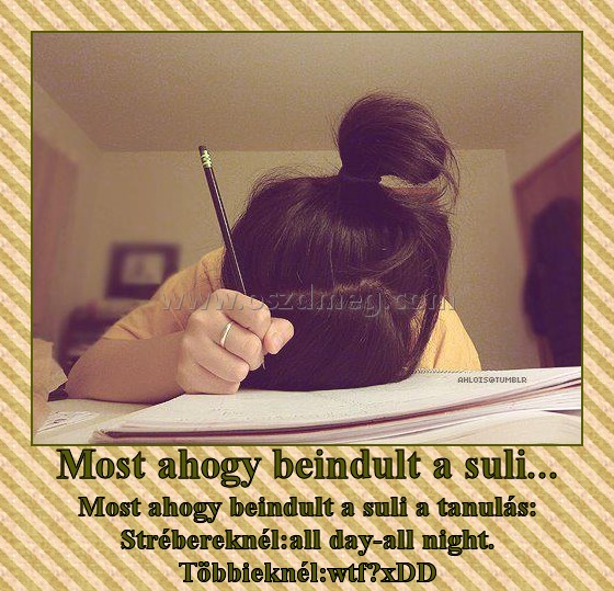Most ahogy beindult a suli... Most ahogy beindult a suli...
Most ahogy beindult a suli a tanulás: Strébereknél:all day-all night. Többieknél:wtf?xDD
