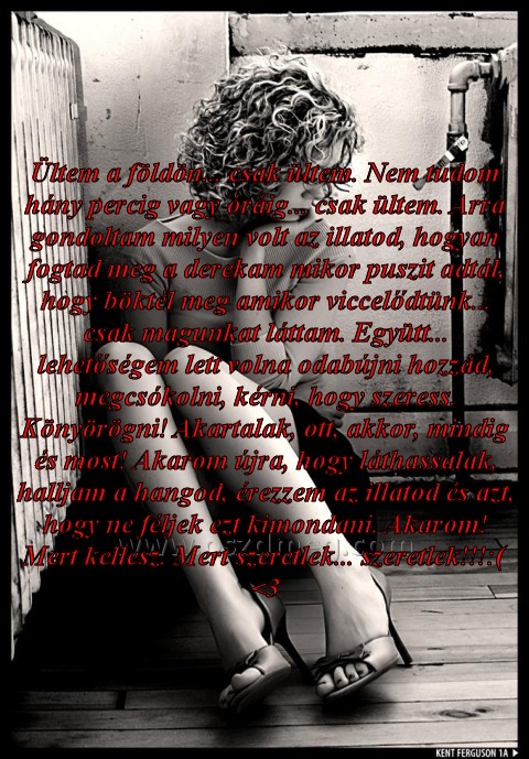 Ültem a földön... csak Ültem a földön... csak
Ültem a földön... csak ültem. Nem tudom hány percig vagy óráig... csak ültem. Arra gondoltam milyen volt az illatod, hogyan fogtad meg a derekam mikor puszit adtál, hogy böktél meg amikor viccelődtünk... csak magunkat láttam. Együtt... lehetőségem lett volna odabújni hozzád, megcsókolni, kérni, hogy szeress. Könyörögni! Akartalak, ott, akkor, mindig és most! Akarom újra, hogy láthassalak, halljam a hangod, érezzem az illatod és azt, hogy ne féljek ezt kimondani. Akarom! Mert kellesz. Mert szeretlek... szeretlek!!!:( <3