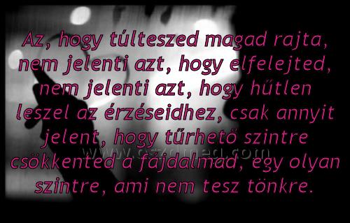 Az Az
Az, hogy túlteszed magad rajta, nem jelenti azt, hogy elfelejted, nem jelenti azt, hogy hűtlen leszel az érzéseidhez, csak annyit jelent, hogy tűrhető szintre csökkented a fájdalmad, egy olyan szintre, ami nem tesz tönkre.
