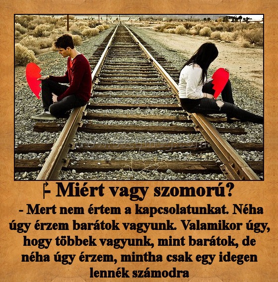 - Miért vagy szomorú? - Miért vagy szomorú?
- Mert nem értem a kapcsolatunkat. Néha úgy érzem barátok vagyunk. Valamikor úgy, hogy többek vagyunk, mint barátok, de néha úgy érzem, mintha csak egy idegen lennék számodra