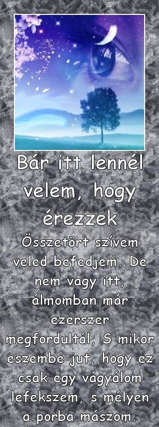 Bár itt lennél velem, hogy érezzek
 
Összetört szívem veled befedjem. De nem vagy itt, álmomban már ezerszer megfordultál, S mikor eszembe jut, hogy ez csak egy vágyálom lefekszem, s mélyen a porba mászom.