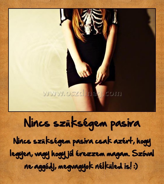 Nincs szükségem pasira Nincs szükségem pasira
Nincs szükségem pasira csak azért, hogy legyen, vagy hogy jól érezzem magam. Szóval ne aggódj, megvagyok nélküled is! :)