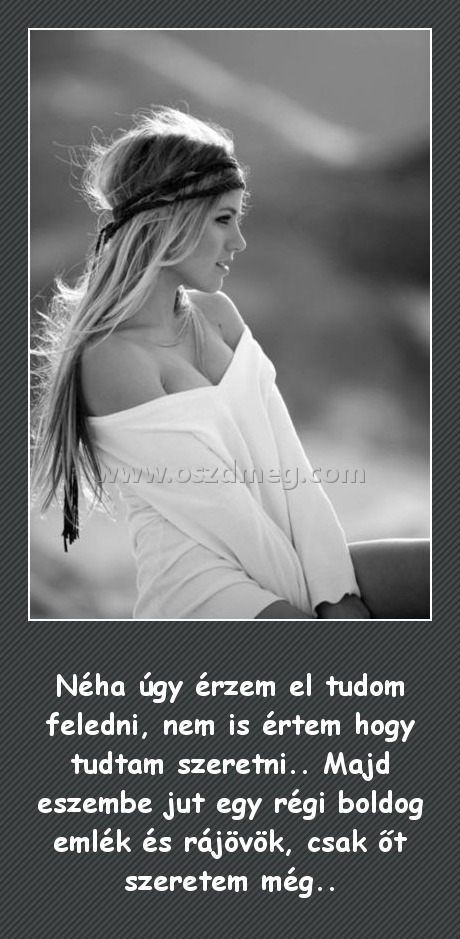 Néha úgy érzem Néha úgy érzem
Néha úgy érzem el tudom feledni, nem is értem hogy tudtam szeretni.. Majd eszembe jut egy régi boldog emlék és rájövök, csak őt szeretem még..