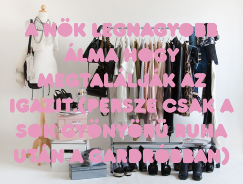 A nök legnagyobb álma
 
A nök legnagyobb álma hogy megtalálják az igazit.(Persze csak a sok gyönyörü ruha után a gardróbban)