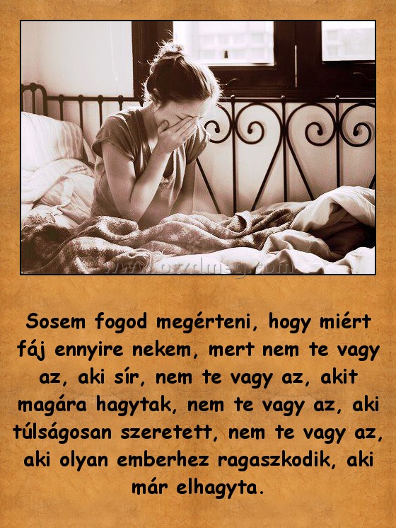 Sosem fogod megérteni Sosem fogod megérteni
Sosem fogod megérteni, hogy miért fáj ennyire nekem, mert nem te vagy az, aki sír, nem te vagy az, akit magára hagytak, nem te vagy az, aki túlságosan szeretett, nem te vagy az, aki olyan emberhez ragaszkodik, aki már elhagyta.