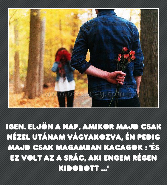 Eljön a nap Eljön a nap
Igen. eljön a nap, amikor majd csak nézel utánam vágyakozva, én pedig majd csak magamban kacagok : 'és ez volt az a srác, aki engem régen kidobott ...'