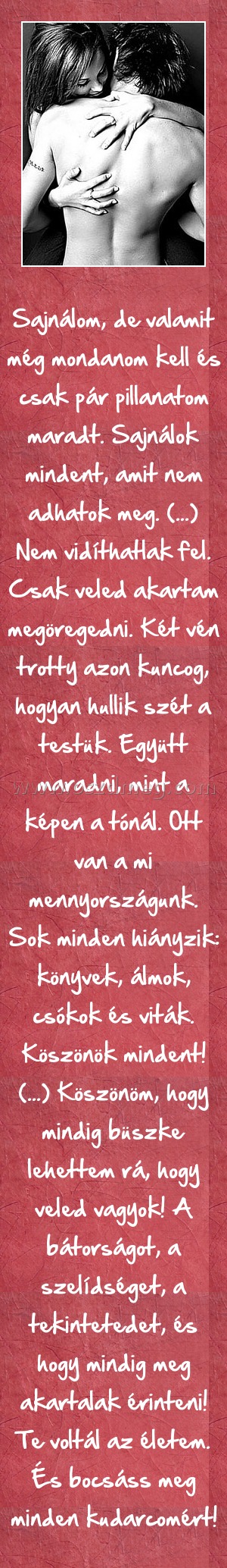 Sajnálom Sajnálom
Sajnálom, de valamit még mondanom kell és csak pár pillanatom maradt. Sajnálok mindent, amit nem adhatok meg. (...) Nem vidíthatlak fel. Csak veled akartam megöregedni. Két vén trotty azon kuncog, hogyan hullik szét a testük. Együtt maradni, mint a képen a tónál. Ott van a mi mennyországunk. Sok minden hiányzik: könyvek, álmok, csókok és viták. Köszönök mindent! (...) Köszönöm, hogy mindig büszke lehettem rá, hogy veled vagyok! A bátorságot, a szelídséget, a tekintetedet, és hogy mindig meg akartalak érinteni! Te voltál az életem. És bocsáss meg minden kudarcomért!