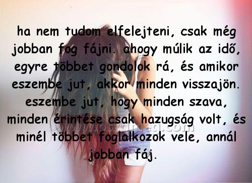 ha nem tudom elfelejteni ha nem tudom elfelejteni
ha nem tudom elfelejteni, csak még jobban fog fájni. ahogy múlik az idő, egyre többet gondolok rá, és amikor eszembe jut, akkor minden visszajön. eszembe jut, hogy minden szava, minden érintése csak hazugság volt, és minél többet foglalkozok vele, annál jobban fáj.