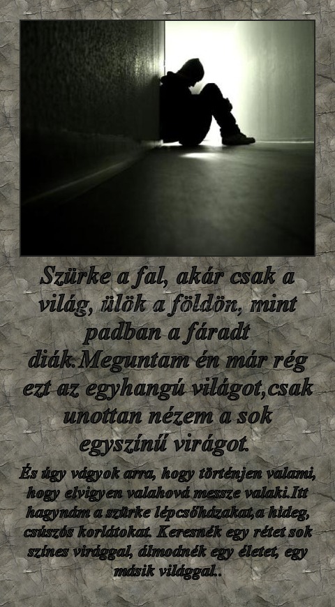 Szürke a fal, akár csak a világ, ülök a földön, mint padban a fáradt diák.Meguntam én már rég ezt az egyhangú világot,csak unottan nézem a sok egyszínű virágot. 
 
És úgy vágyok arra, hogy történjen valami, hogy elvigyen valahová messze valaki.Itt hagynám a szürke lépcsőházakat,a hideg, csúszós korlátokat. Keresnék egy rétet sok színes virággal, álmodnék egy életet, egy másik világgal..
